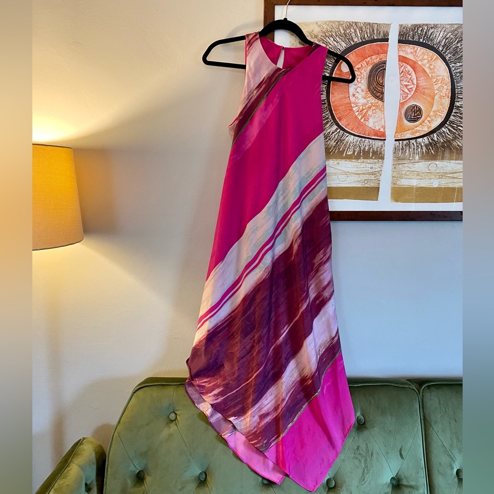 Rachel Roy hot pink halter asymmetrical dress with angled stripes